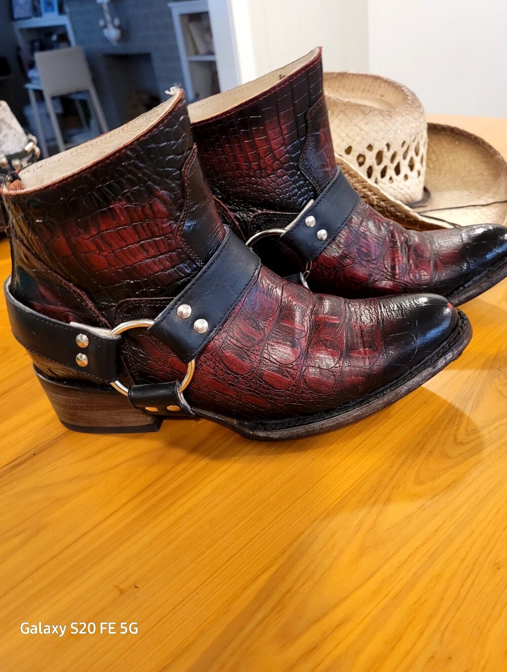 Women's Free Bird Santiago Red and Black Leather Western Harness Boots Aligator